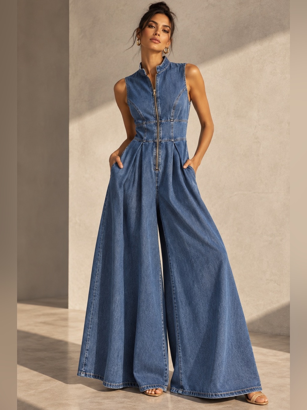 Denim Blue Sleeveless Zip Front Wide Leg Maxi Jumpsuit